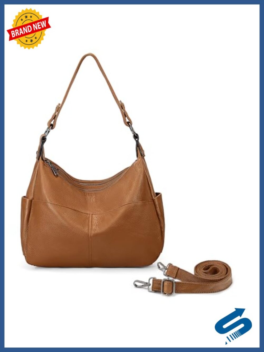 Genuine Leather Convertible Shoulder Bag with 2 Straps, Handbag Purse, Hobo